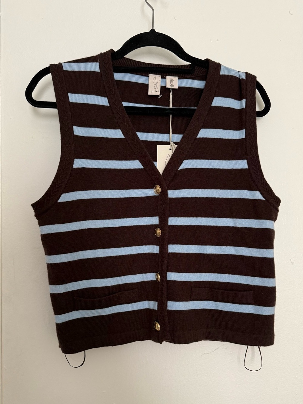 Joie Brown & Light Blue Striped Knit Button Vest
